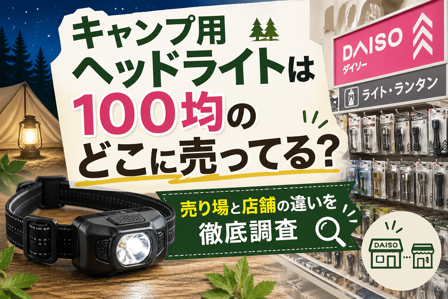 100均で販売されているキャンプ用ヘッドライトと売り場のイメージ画像