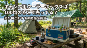 ダイソーなどの100均で購入できるキャンプ用クーラーボックスを持ってキャンプをしている画像