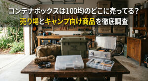 コンテナボックスを100均で購入し自宅でキャンプの準備をしている画像