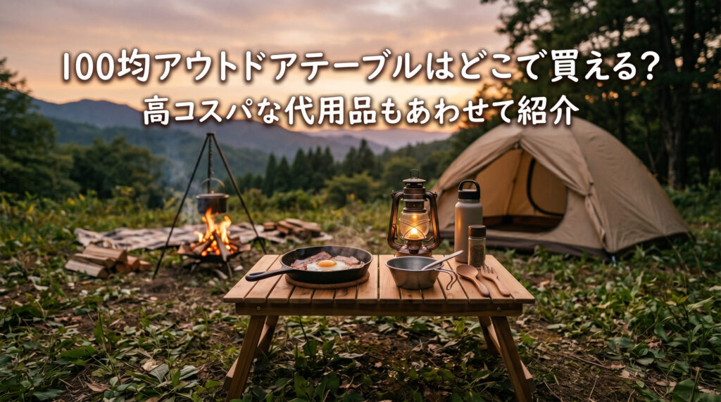 100均で購入したアウトドアテーブルを使ってキャンプしている画像