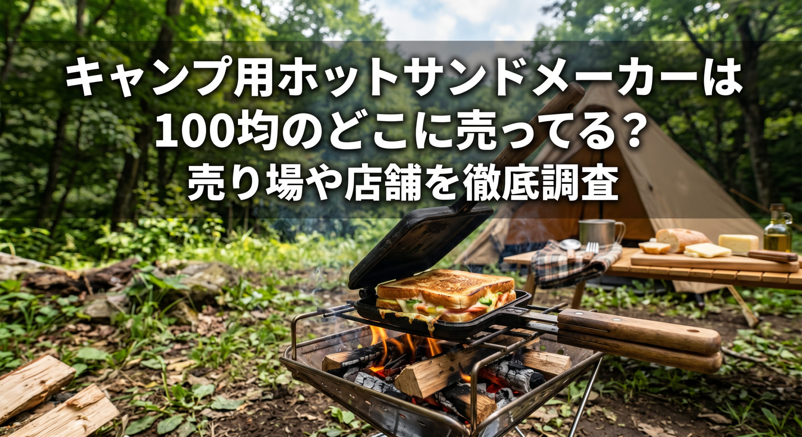 100均で買えるキャンプ用ホットサンドメーカーを使ってキャンプ場で料理している画像