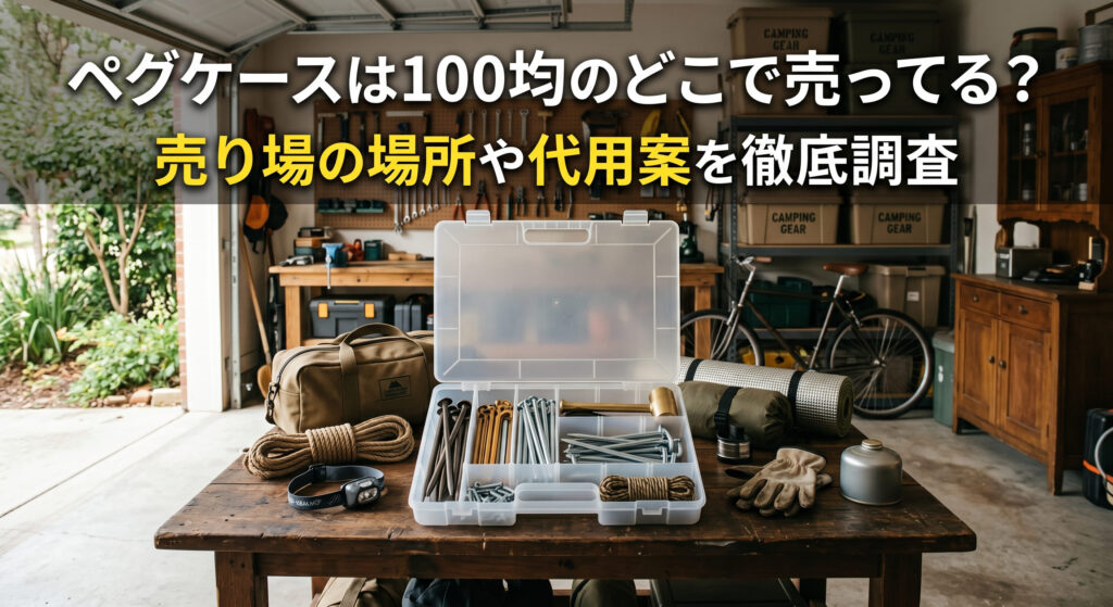 ペグケースを100均で購入し自宅のガレージでキャンプの準備をしている画像